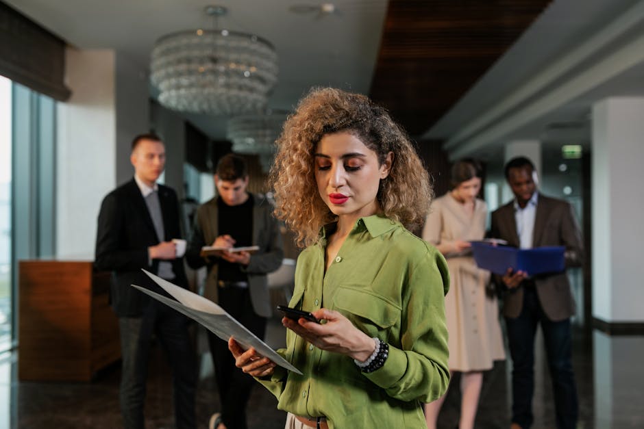 Focused businesswoman using smartphone in a dynamic office environment with colleagues.