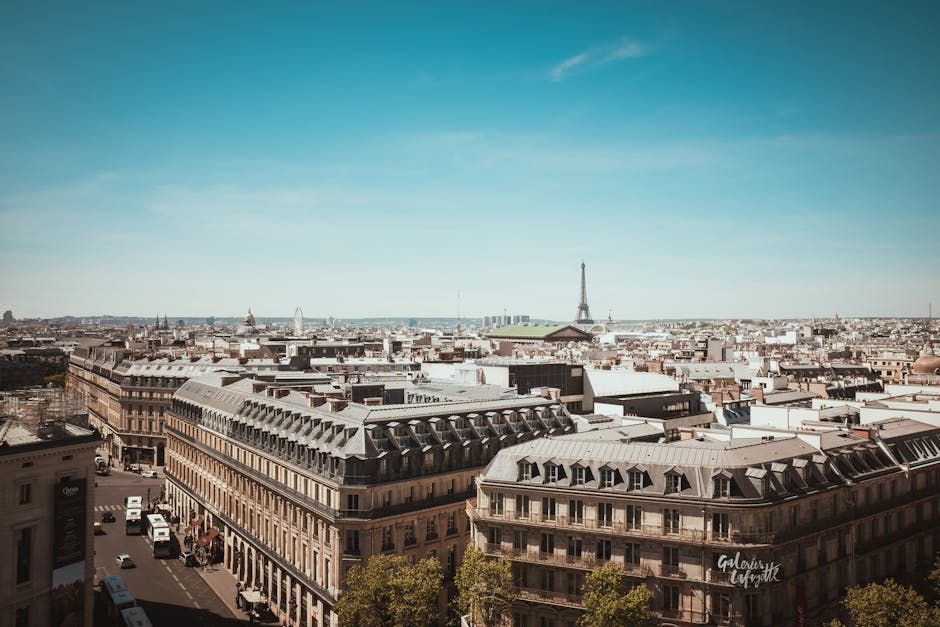 Stunning aerial view of Paris skyline featuring the iconic Eiffel Tower.